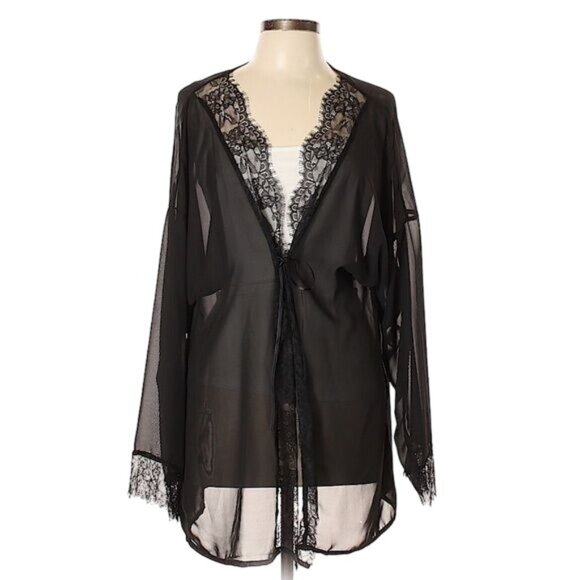 NWOT Nasty Gal Black Sheer Chiffon & Lace Trim Robe | Romantic Whimsigoth Boho - Picture 2 of 5